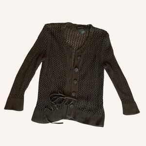 Eddie Bauer knit cardigan sweater, olive green size M w/ buttons + drawstring